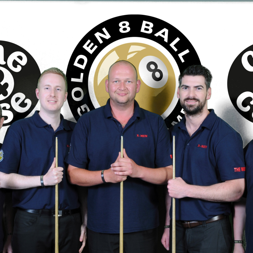 Golden 8 Ball team in navy shirts holding cues